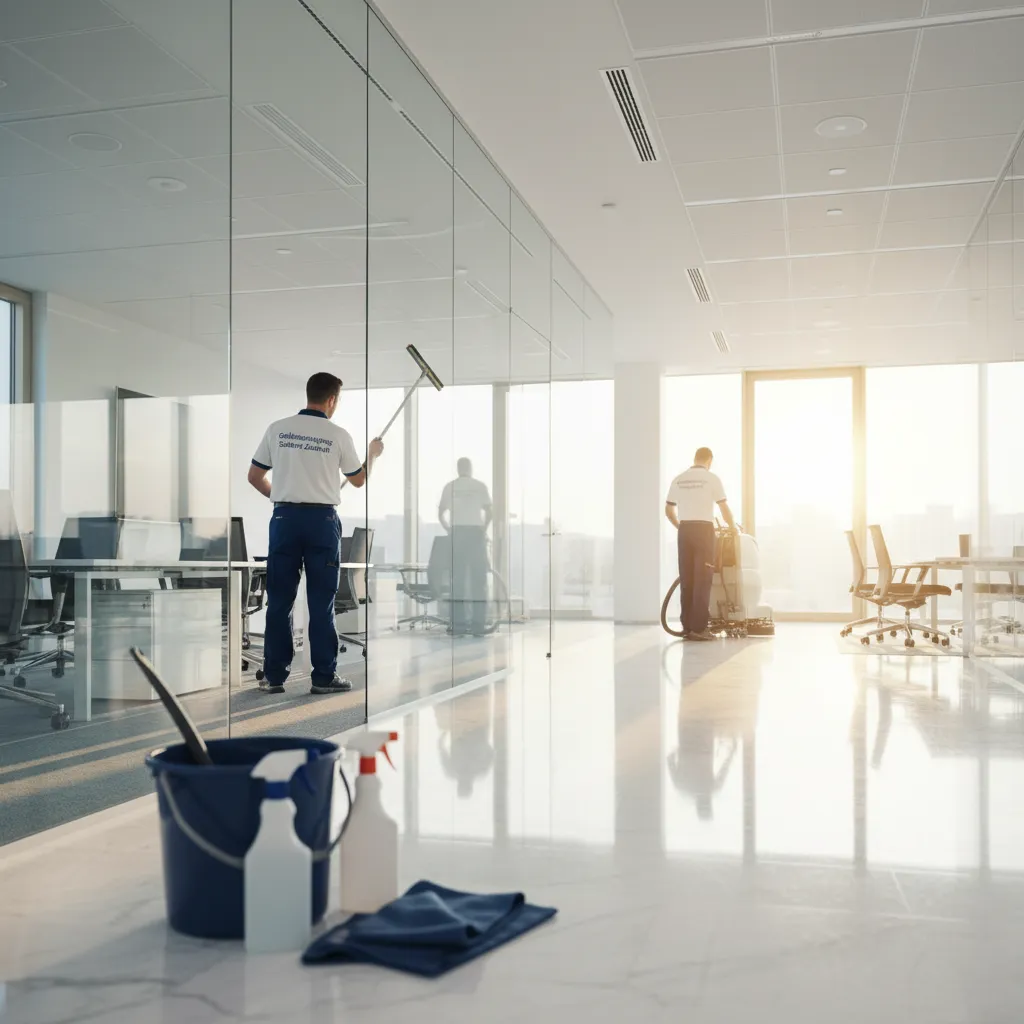 Professionelles Reinigungsteam beim Glasreinigen in einem modernen Büro